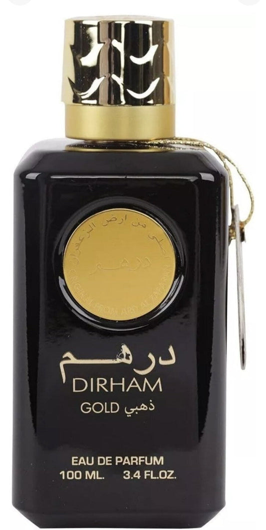 Luxury Arabic Perfume Dirham Gold Packaging – Fruity Floral Woody Notes