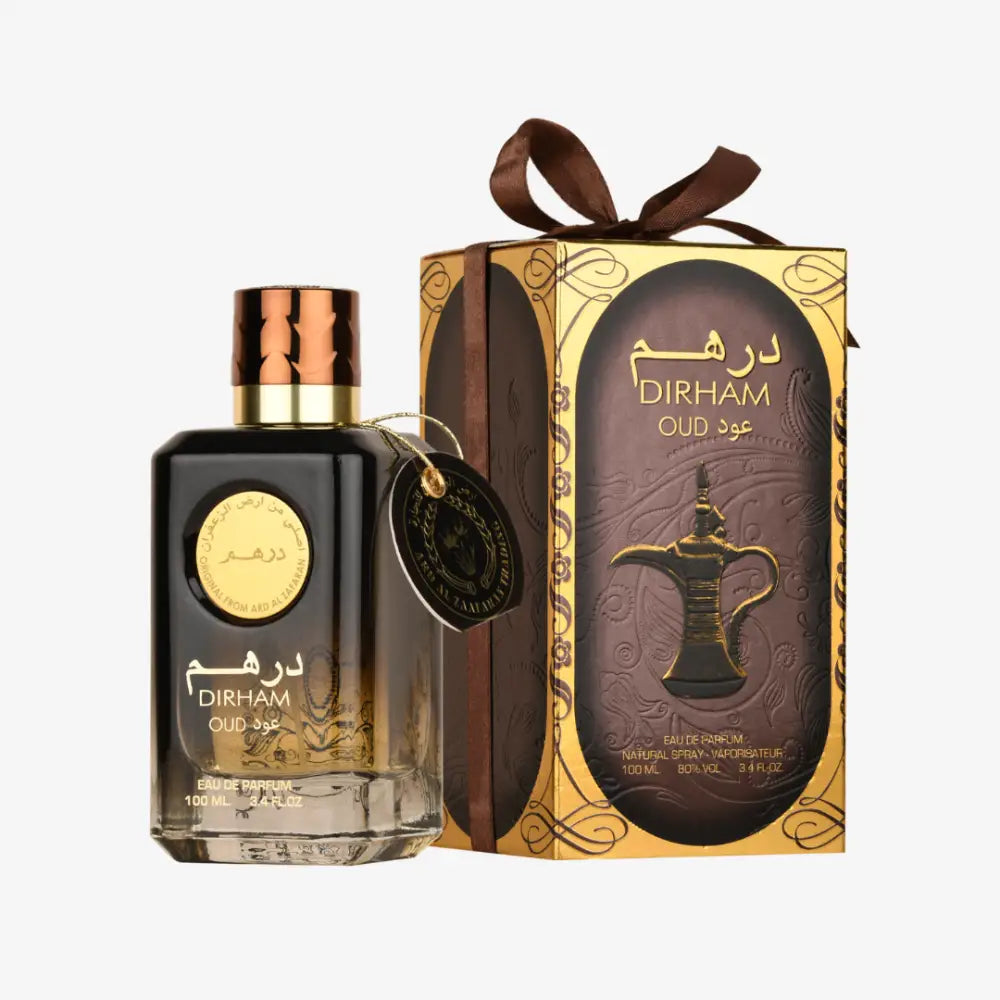 Dirham Oud perfume bottle and packaging on a white background