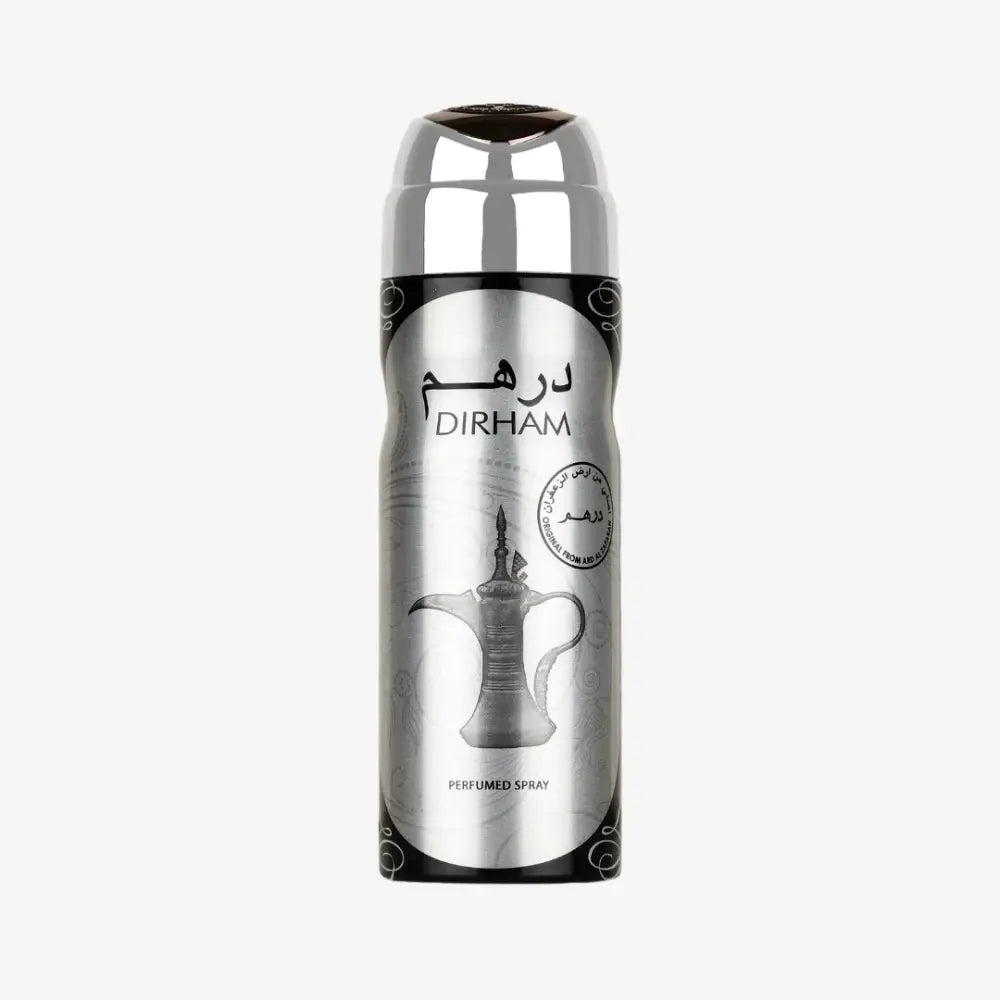 Silver and black dirham silver body spray can with metallic design and engraved arabic coffee pot by ard al zaafaran