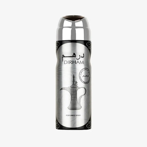 Silver and black dirham silver body spray can with metallic design and engraved arabic coffee pot by ard al zaafaran