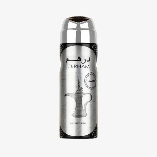 Silver and black dirham silver body spray can with metallic design and engraved arabic coffee pot by ard al zaafaran