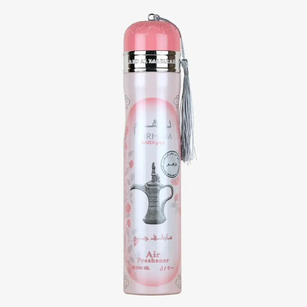 Pink and silver Wardi air freshener 300ml Ard Al Zafraan with Arabic coffee pot label