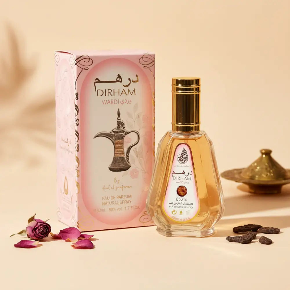 Dirham Wardi perfume bottle and packaging on a white background