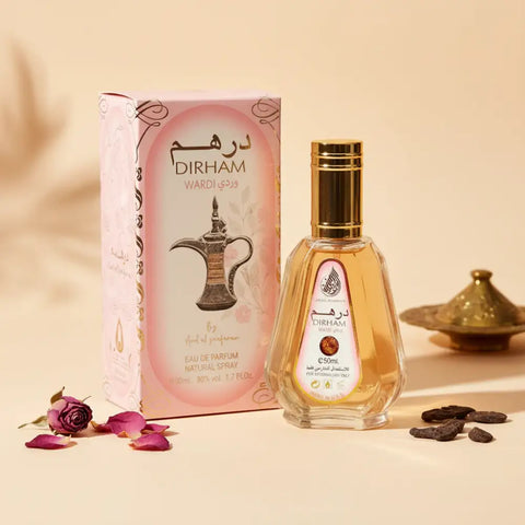 Dirham Wardi perfume bottle and packaging on a white background