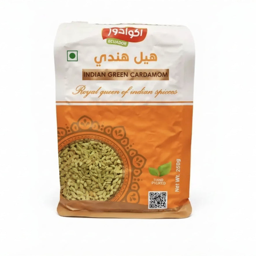 A vibrant orange and white package of ecuador indian green cardamom with a clear window showing light green seeds inside
