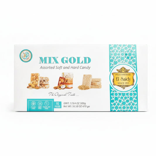 Box of Mix Gold assorted soft and hard candy with Patisserie El Saiedy branding.
