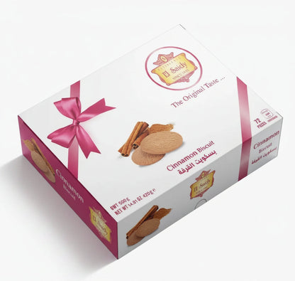 White and pink gift box of el saidy egyptian cookies featuring cinnamon biscuits with ribbon bow 420g packaging