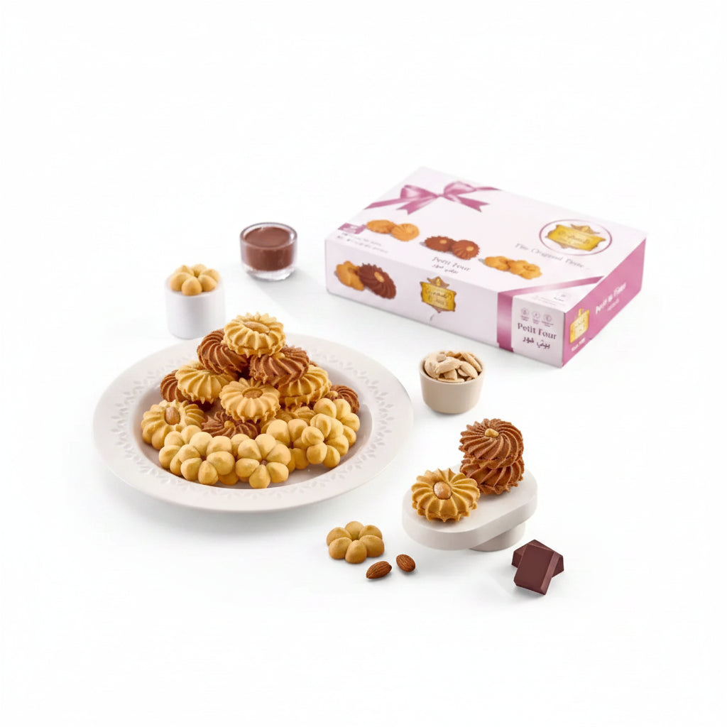 Golden-brown flower-shaped petit four cookies piled on a white plate from el saidy 500g egyptian cookies