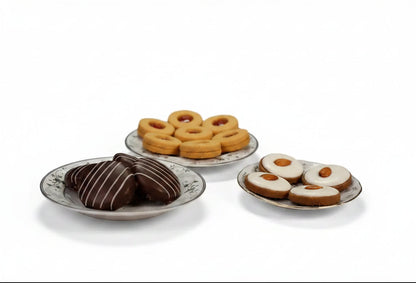 Dark chocolate egyptian cookies sablée with white icing stripes on a decorative plate halal certified recipes