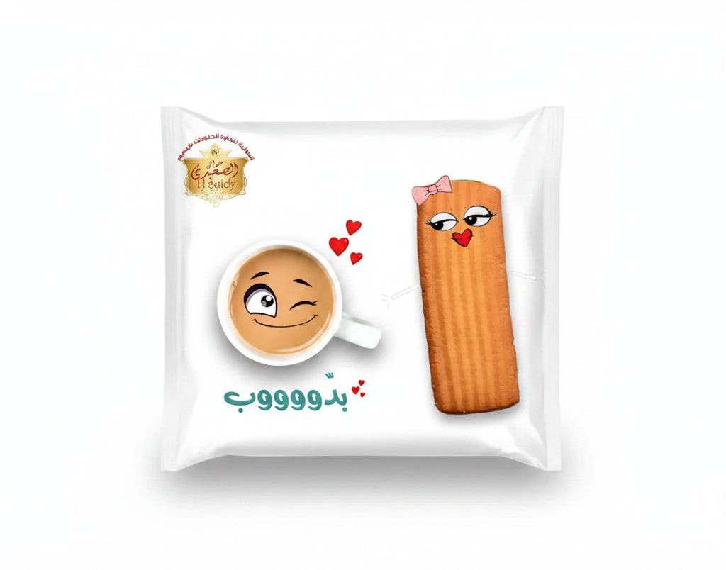 A golden-brown ribbed vanilla biscuit with cartoon eyes and a pink bow from el saidy egyptian cookies 420g