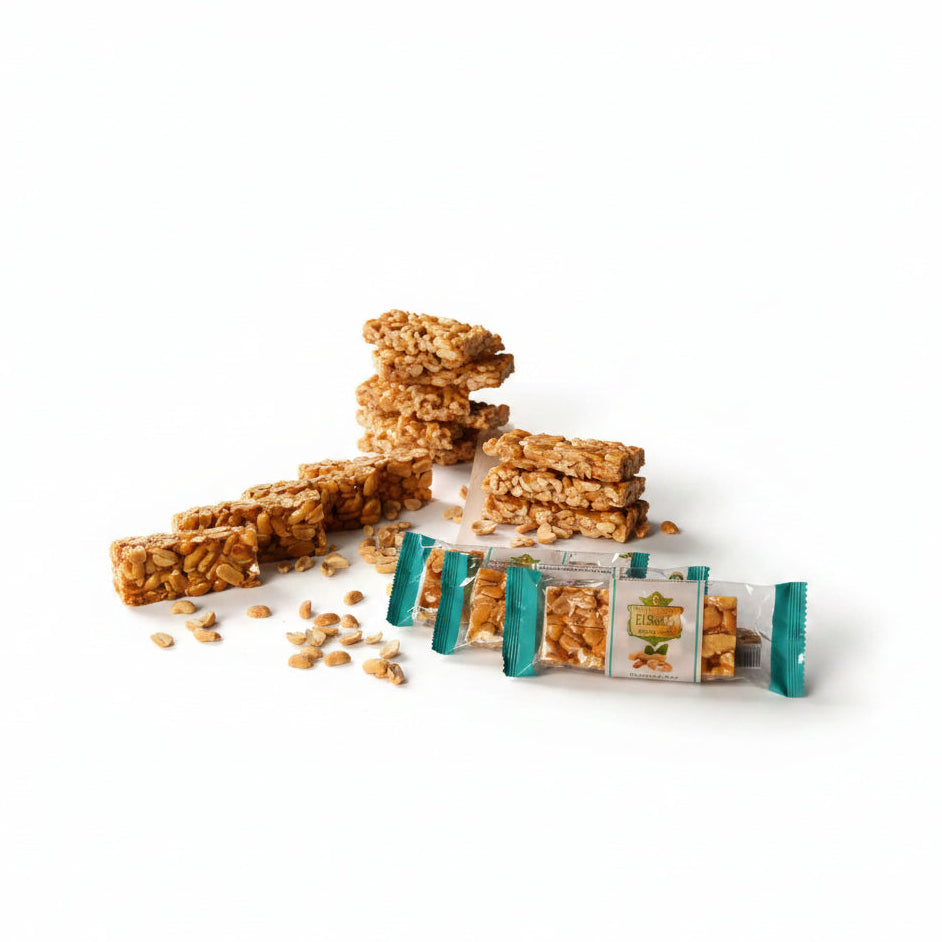 Egyptian traditional peanut bars 400g by el saidy in teal and gold foil with glossy caramelized peanut brittle coating