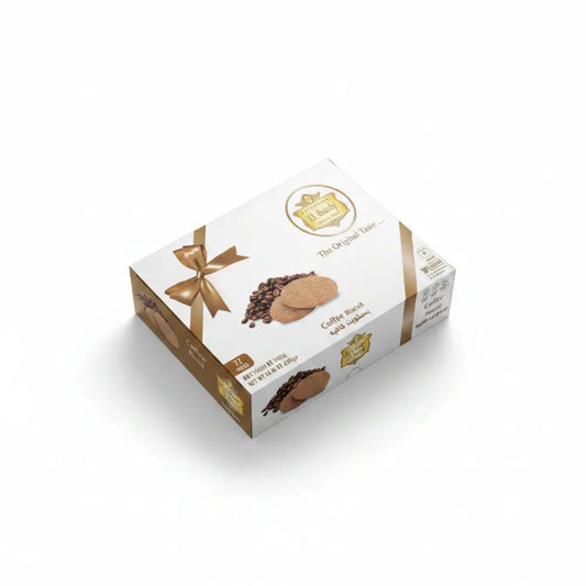 Box of cookies with Arabic text and decorative elements on a blue background