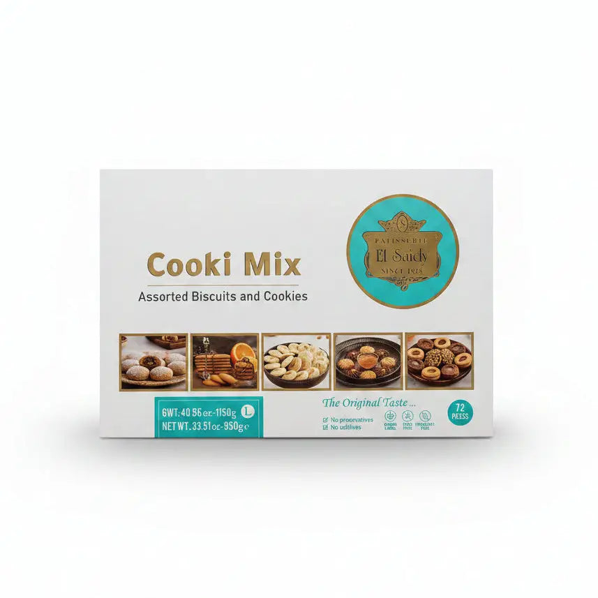Box of El Sucki cooki mix with images of assorted biscuits and cookies on a table.