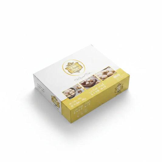 Box of cookies with decorative elements and text on a blue background