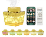 Golden electric quran speaker with square geometric patterns and glowing design for quran recitation and bakhour burning