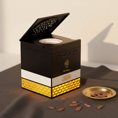 Black and gold electric quran speaker and bakhour burner with perforated lid illuminated base and usb charging port