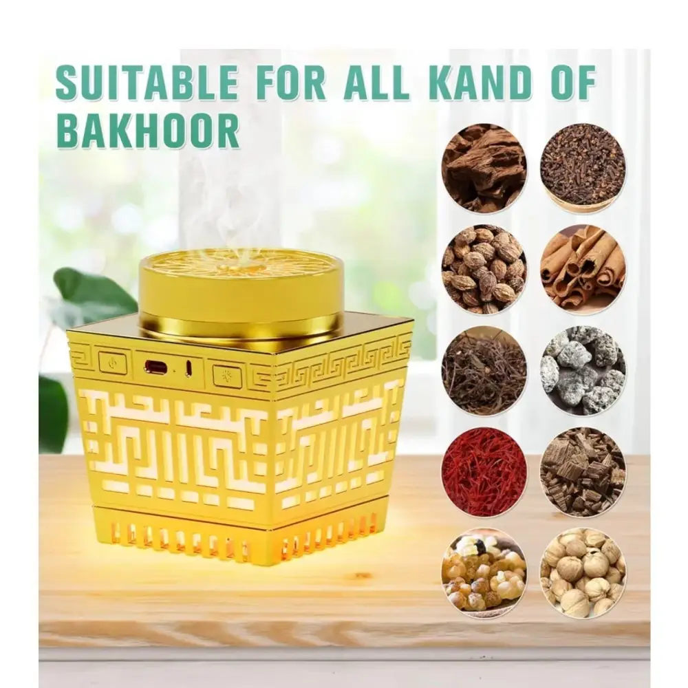 Golden electric quran speaker and bakhoor burner with intricate geometric cutouts and matching lid for quran recitation