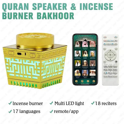 Golden electric quran speaker and bakhour burner with intricate patterns and teal led lights for quran recitation control