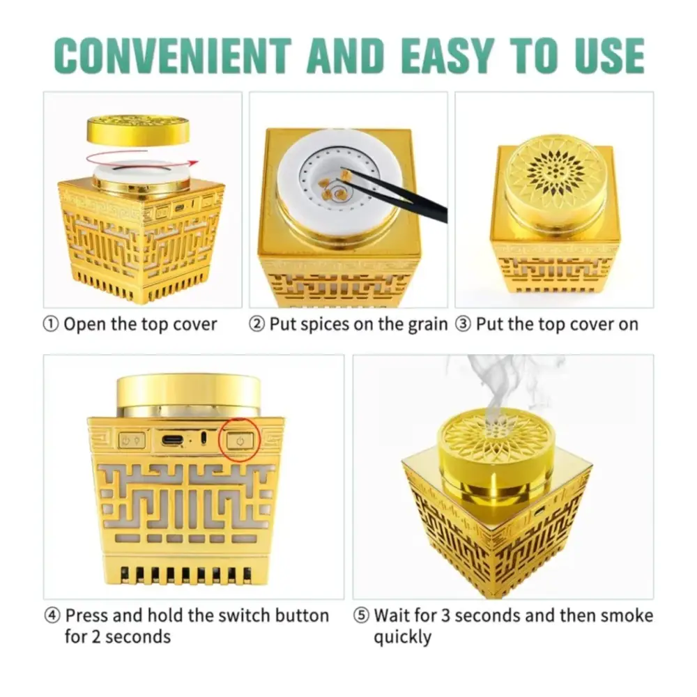 Golden electric quran speaker and bakhour burner with geometric cutouts and perforated lid for quran recitation and fragrance