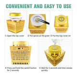 Golden electric quran speaker and bakhour burner with geometric cutouts and perforated lid for quran recitation and fragrance