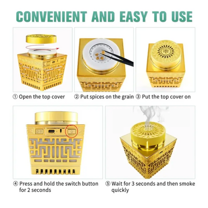 Golden electric quran speaker and bakhour burner with geometric cutouts and perforated lid for quran recitation and fragrance