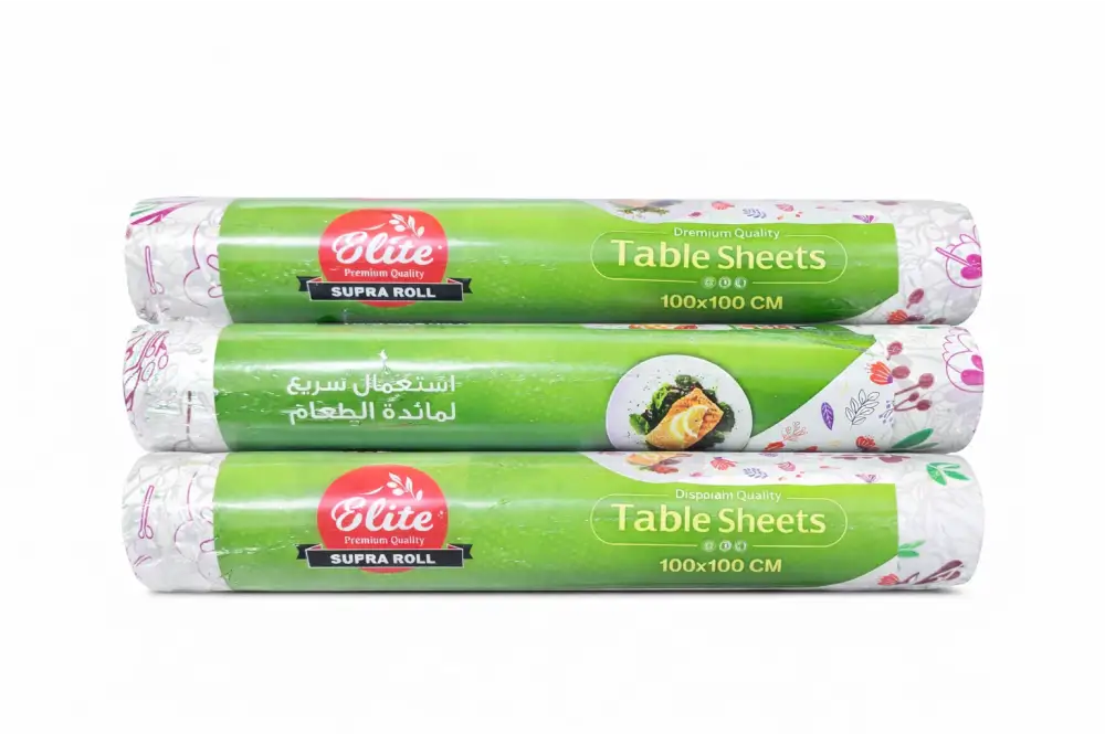 Elite disposable table sheets roll 100x100cm green and white sufra roll for food serving and dining area lining