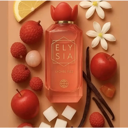 A translucent coral-colored elysia lychee fizz perfume bottle with a red lotus cap and gold lettering by reef fragrance world