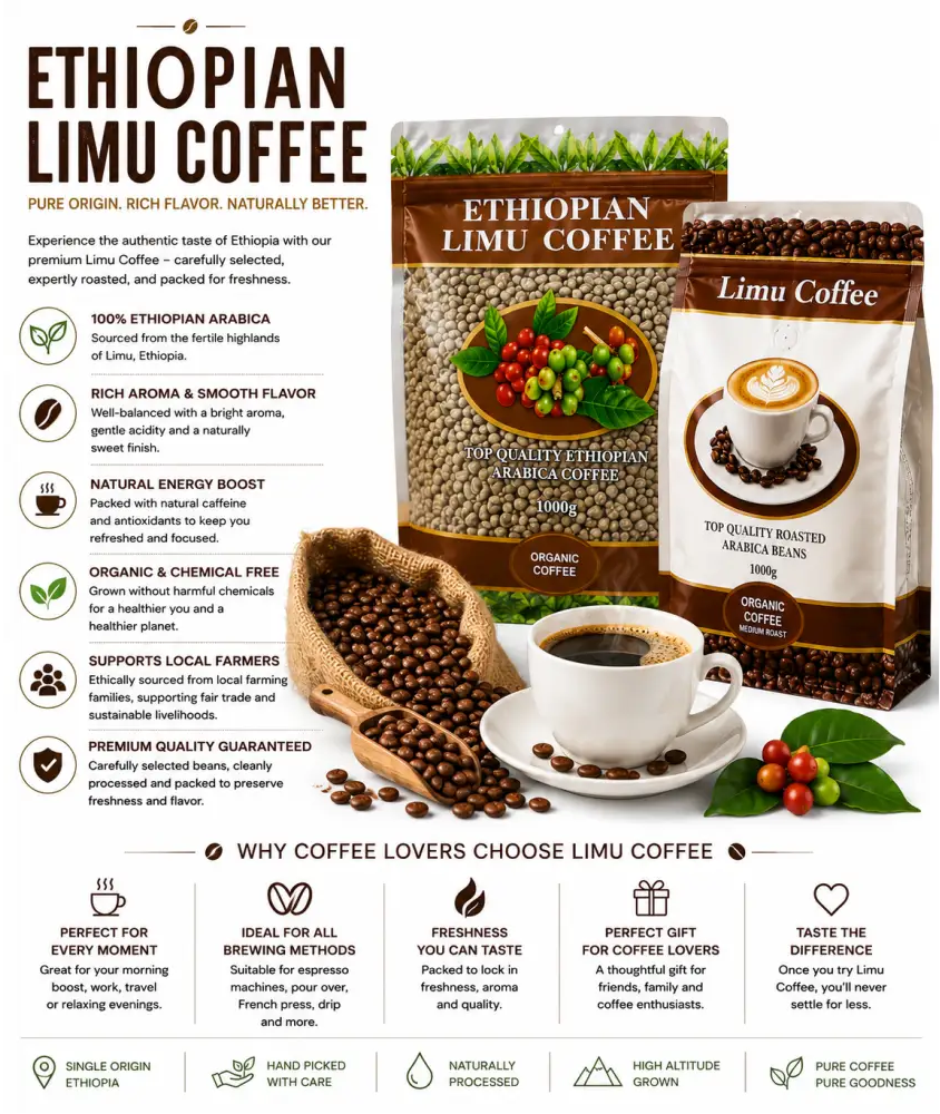 Packaged ethiopian limu coffee in brown and white bags with loose roasted beans and a steaming cup on a saucer