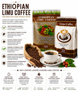 Packaged ethiopian limu coffee in brown and white bags with loose roasted beans and a steaming cup on a saucer