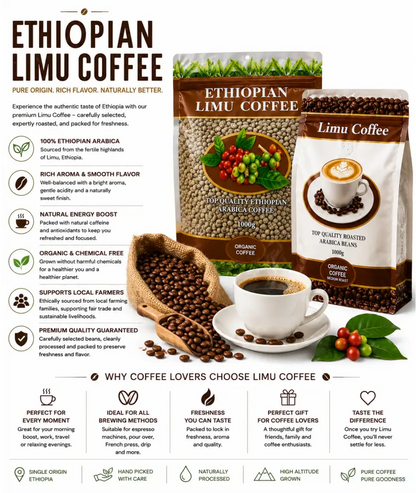 Packaged ethiopian limu coffee in brown and white bags with loose roasted beans and a steaming cup on a saucer