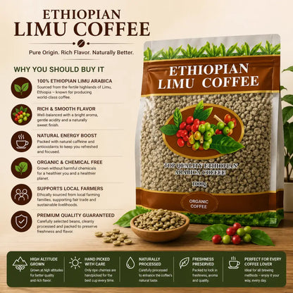 A 1000g transparent bag of ethiopian limu coffee green beans with brown seal and green leaf red berry graphics