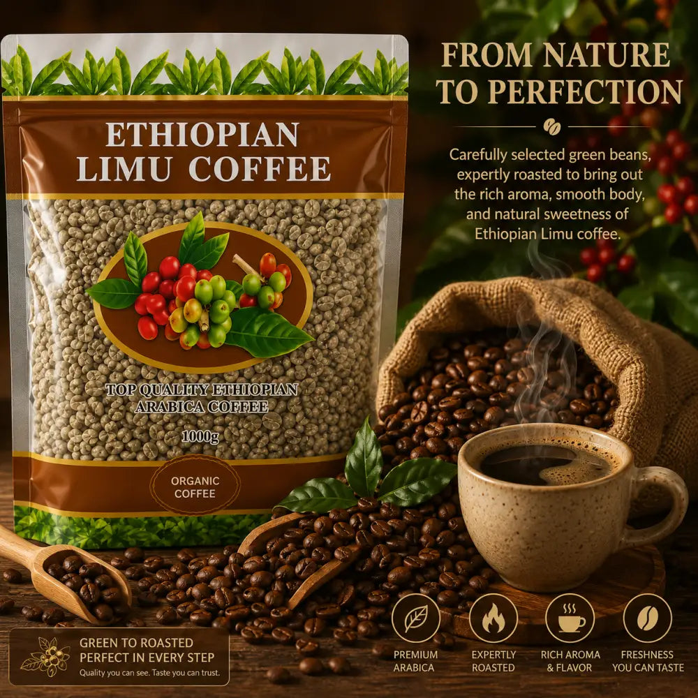 A brown and green pouch of ethiopian limu coffee green beans organic arabica with 1000g capacity