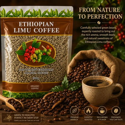 A brown and green pouch of ethiopian limu coffee green beans organic arabica with 1000g capacity