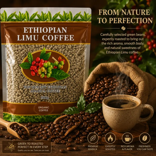 A brown and green pouch of ethiopian limu coffee green beans organic arabica with 1000g capacity