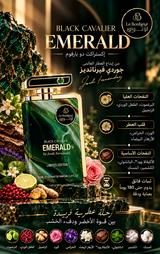 Le Benhuder Black Cavalier Emerald Limited Edition perfume bottle displayed in a luxurious, highly detailed Arabic promotional graphic featuring ingredients, cultural references, and product benefits.