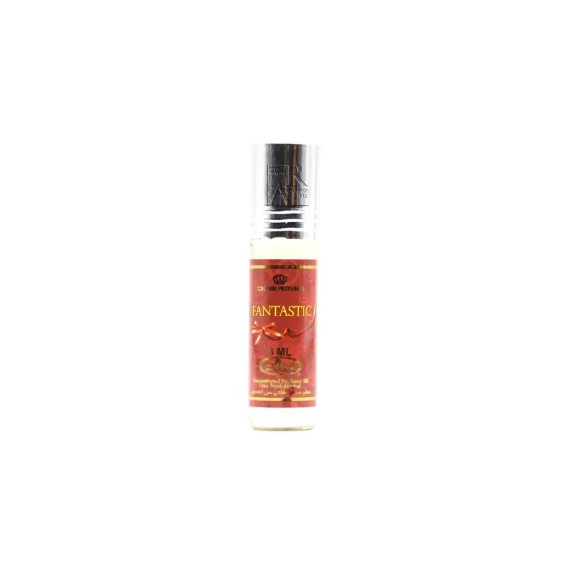 A sleek 3 ml roll-on concentrated perfume oil bottle with metallic silver cap and red label in al rehab fantastic cpo collection