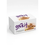 White rectangular box of gofkit hazelnut flavoured cocoa cream wafers with purple branding and wafer stick images