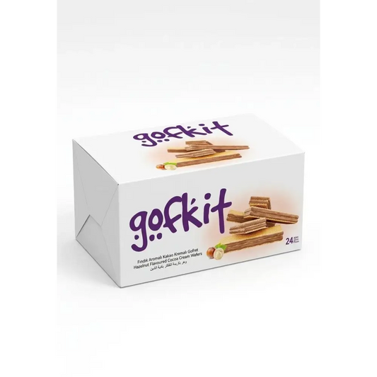 White rectangular box of gofkit hazelnut flavoured cocoa cream wafers with purple branding and wafer stick images