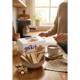 A box of gofkit hazelnut flavoured cocoa cream wafers with white and purple packaging showing wafer sticks