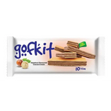 A package of gokkit hazelnut flavoured cocoa cream wafers with white wrap and golden brown cocoa cream layers