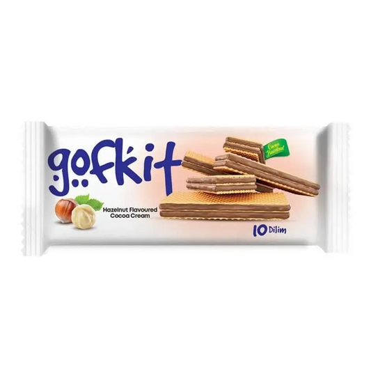 A package of gokkit hazelnut flavoured cocoa cream wafers with white wrap and golden brown cocoa cream layers