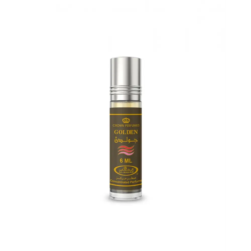 Silver-topped transparent glass roll-on concentrated perfume oil bottle with dark brown gold lettered crown perfumes golden label