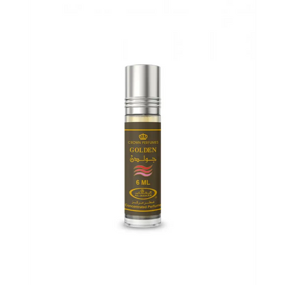 Silver-topped transparent glass roll-on concentrated perfume oil bottle with dark brown gold lettered crown perfumes golden label