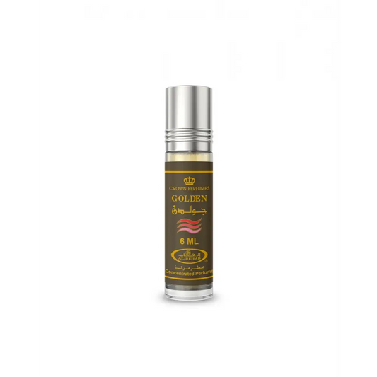 Silver-topped transparent glass roll-on concentrated perfume oil bottle with dark brown gold lettered crown perfumes golden label
