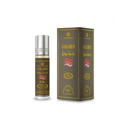 A sleek 6 ml glass rollerball bottle of golden concentrated perfume oil by Al Rehab with silver cap and arabic script label