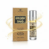Golden sand concentrated perfume oil in a silver rollerball with gold liquid and ornate textured gold box packaging