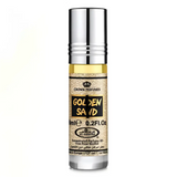 A sleek silver roll-on concentrated perfume oil bottle with golden liquid labeled golden sand by crown perfumes