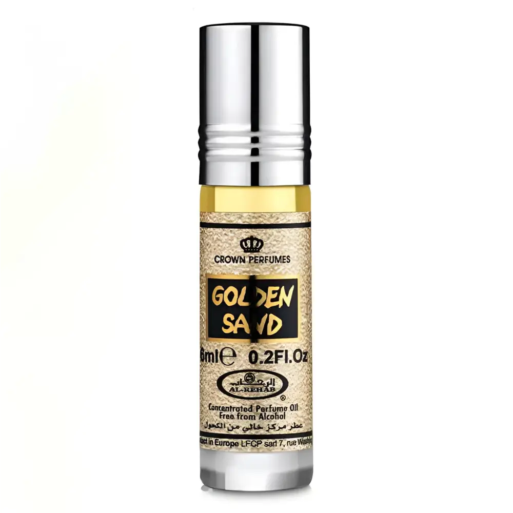 A sleek silver roll-on concentrated perfume oil bottle with golden liquid labeled golden sand by crown perfumes