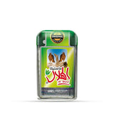 Green and clear plastic container of al helal original mastic gum 10g featuring label with two brown hawks greek chios mastic pistacia lentiscus resin