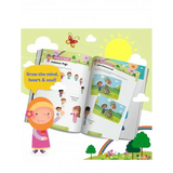 Open children’s educational activity book with colorful illustrations in hajj and umrah complete essentials set with digital tasbih